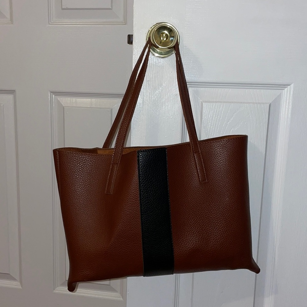 Tan and black stripe leather shoulder bag